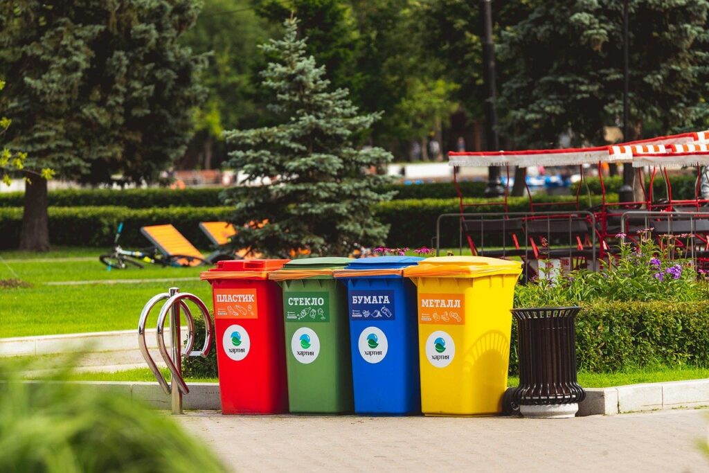 Recycling bins in a park